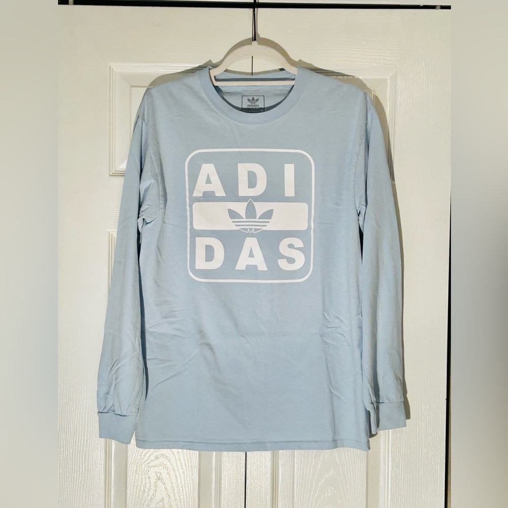 Women’s Adidas Trefoil Print Light Blue and White Long Sleeve Shirt